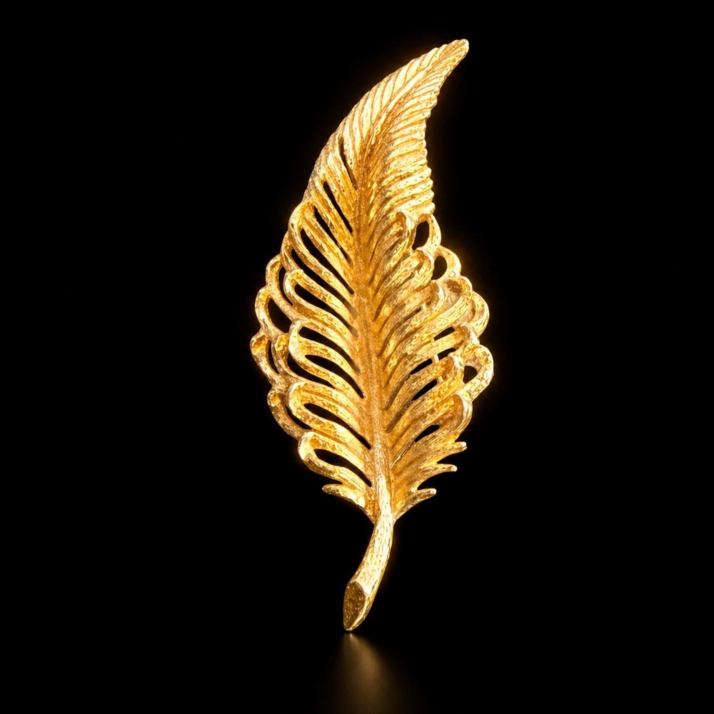 Monet Gold Tone Leaf Brooch Pin Signed Vintage Openwork Feather Design 2"